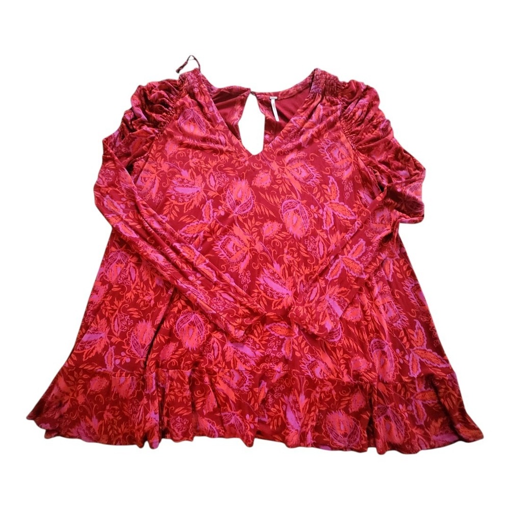 Free People Red Floral Paisley Long Sleeve Tunic Dress Ladies Women's Large Boho